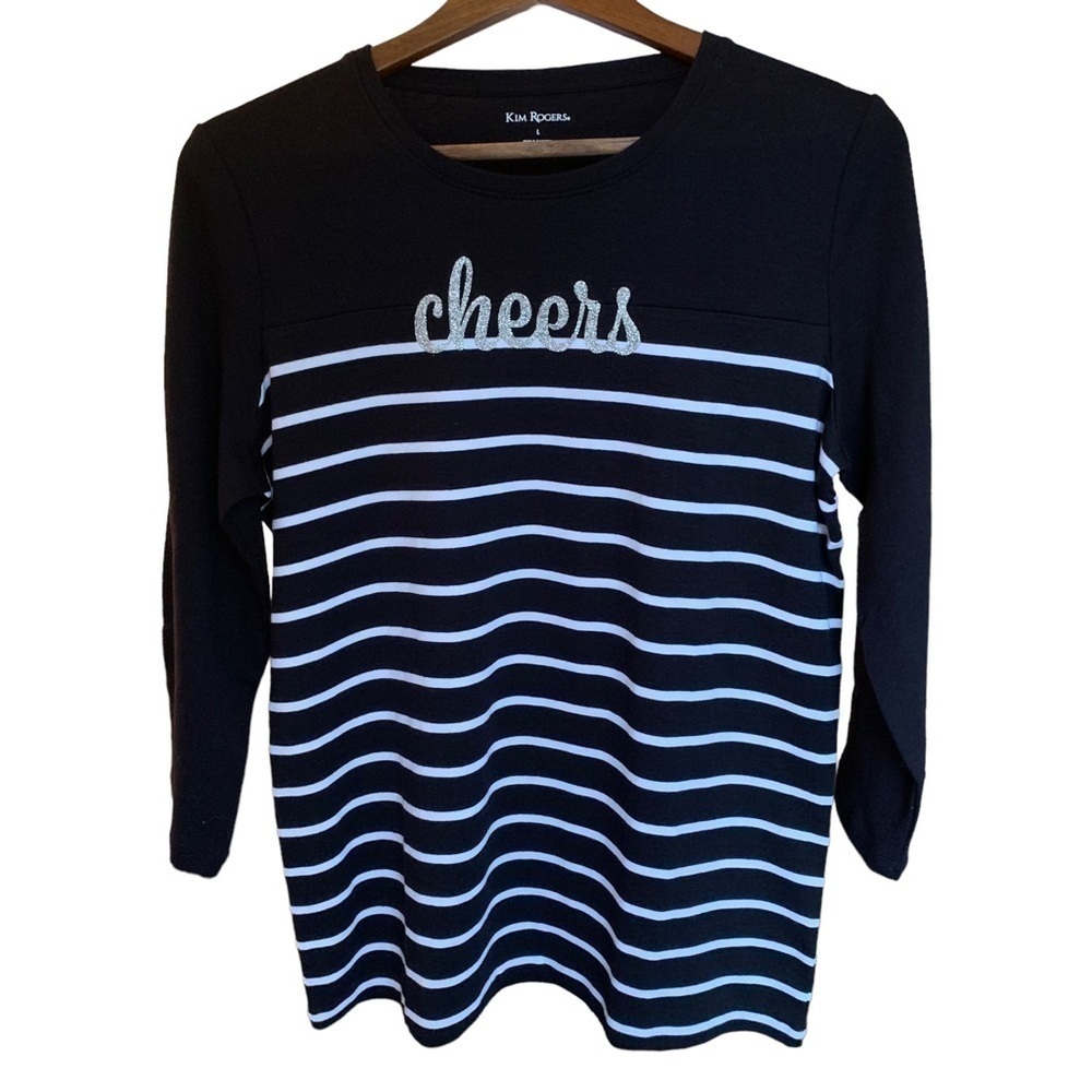 Kim Rogers Novelty Black & White 100% Cotton Striped Glitter Cheers Tee Sz M